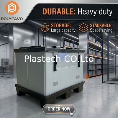 Hộp pallet có thể gập lại với logo tùy chỉnh, Nắp và Đáy ép thổi phun, Tải trọng động 300kg Tải trọng tĩnh 500kg, Thành dày 10mm 12mm